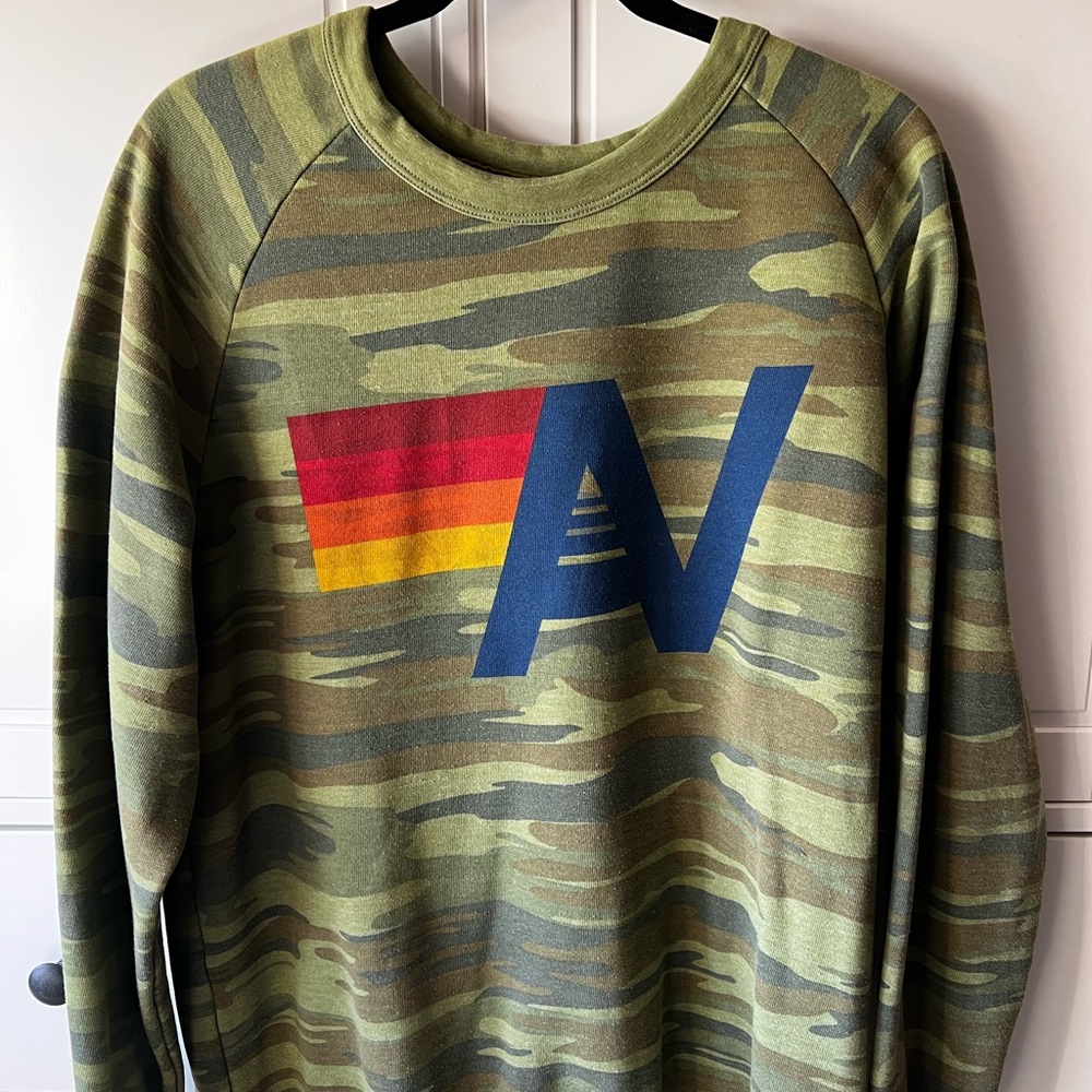Aviator Nation Camo Crewneck with Multicolor Stripe Logo